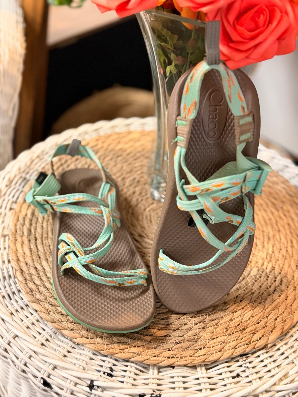 Chaco Mint and Orange Strappy Outdoor Sandals